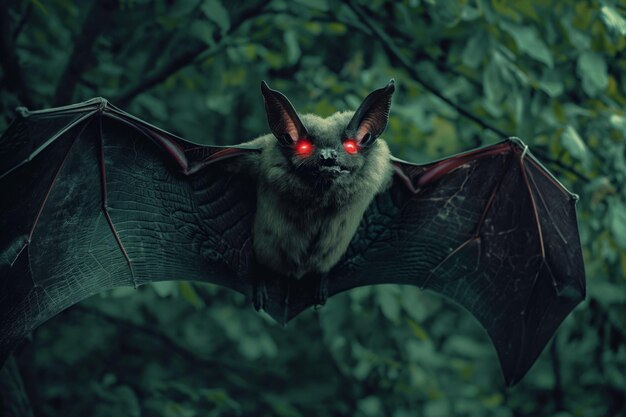 Scary bat is flying in a dark forest with its wings spread and glowing red eyes