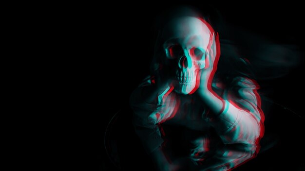 scary blurry portrait of a female witch with a skull in her hands on a black background. Black and white with 3D glitch virtual reality effect