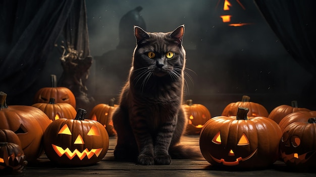 Scary Cat on Halloween Wallpaper with Pumpkins