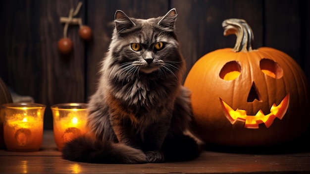 Scary Cat on Halloween Wallpaper with Pumpkins