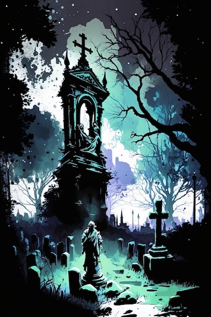 Scary cemetery cartoon illustration with cross sign in the tombstone