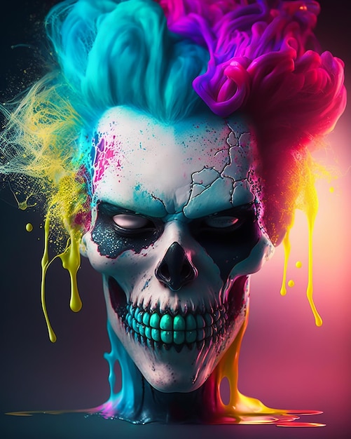 a scary colorful painted skull in clown makeup and splash colors