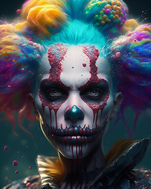 a scary colorful painted skull in clown makeup and splash colors