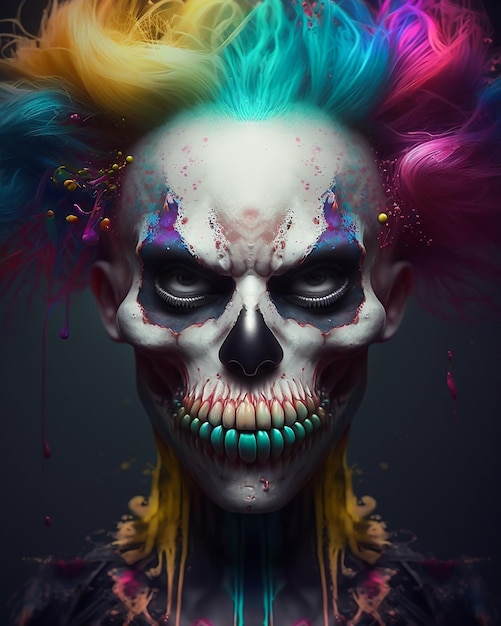 a scary colorful painted skull in clown makeup and splash colors