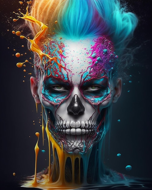 a scary colorful painted skull in clown makeup and splash colors