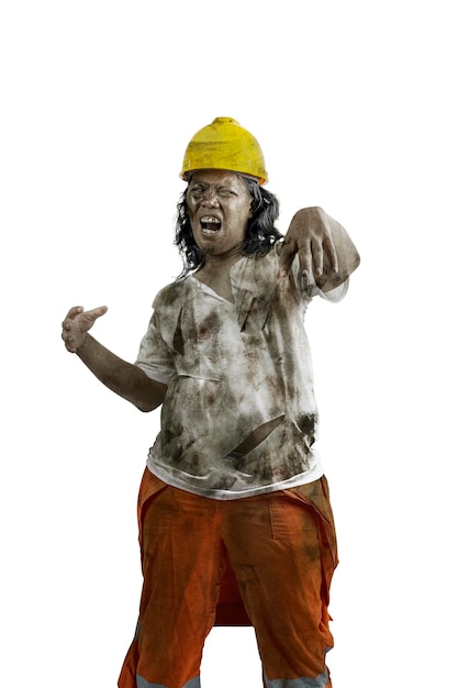 Photo a scary construction worker zombie with blood and wounds on his body walking isolated over a white background