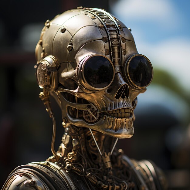 scary creature steam punk alien with metal helmet scene AI generated image