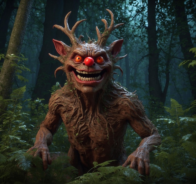 a scary creature with red eyes and a red nose is shown in a forest