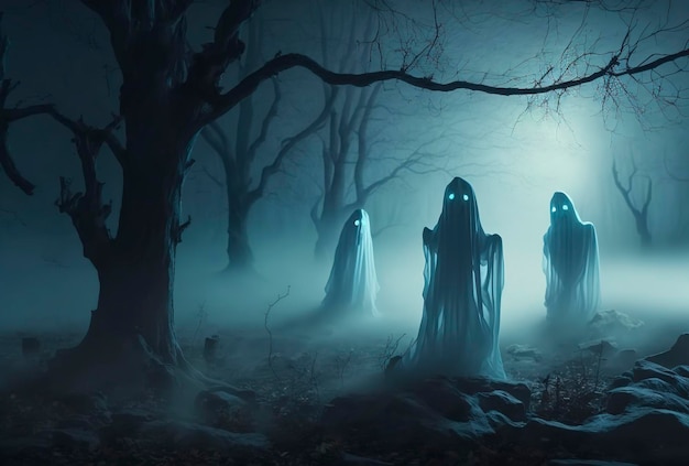 Scary creepy ghosts in a foggy forest ghosts with glowing eyes