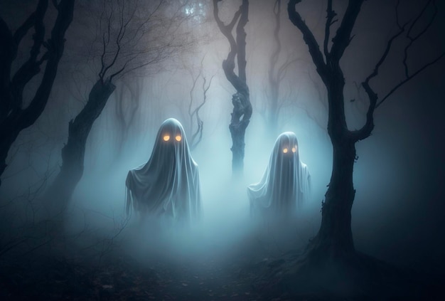 Scary creepy ghosts in a foggy forest ghosts with glowing eyes