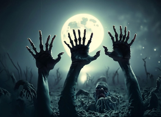 Scary and creepy zombie hands raising from darkness