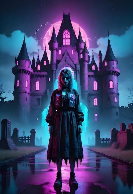 Scary cyberpunk halloween scene with zombie girl in front of castle