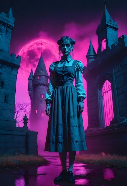 Scary cyberpunk halloween scene with zombie girl in front of castle