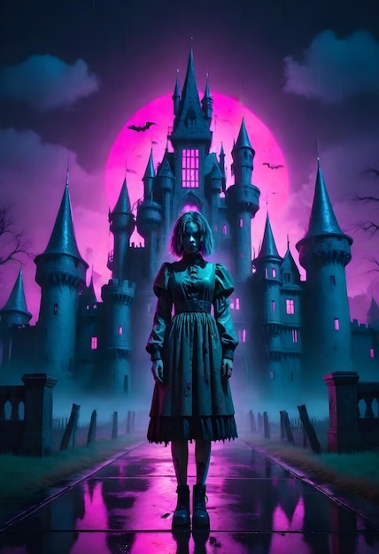 Scary cyberpunk halloween scene with zombie girl in front of castle