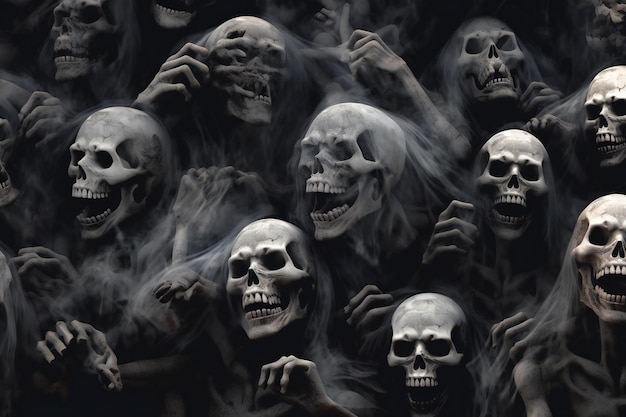 Scary dark background with human skulls and smoke Halloween concept