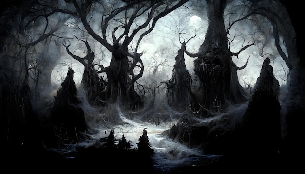 Scary dead black forest covered with spider web neural network generated art