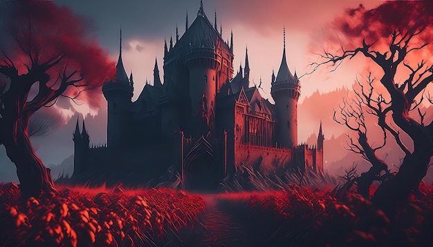 A scary demon king castle in the depths of a forest with an eerie atmosphere fantasy fairy tale