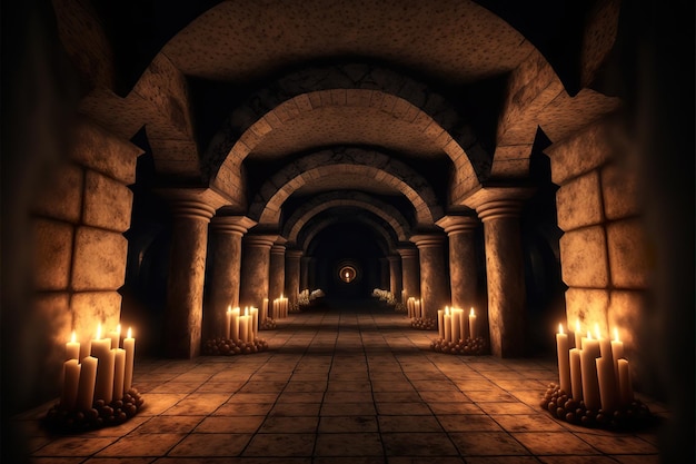 Scary endless medieval catacombs with torch