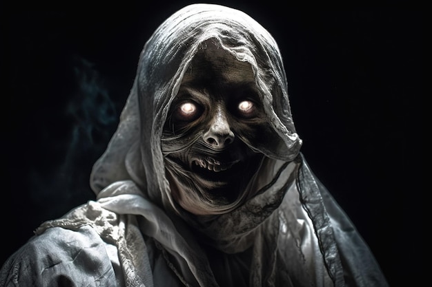 A scary face with glowing eyes is shown in this image