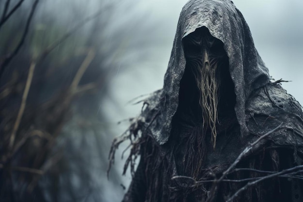 Photo a scary figure in a foggy forest with a black cloak.