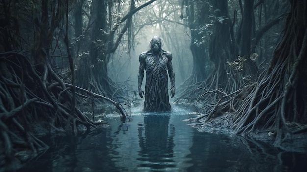 Scary ghost in the forest Halloween concept