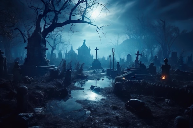 Scary graveyard in blue mystic light on Halloween cemetery at night