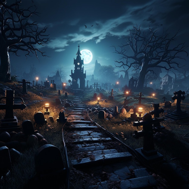 Scary graveyard upscale 3d cartoon cinematic lighting