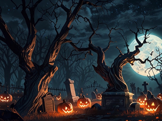 a scary graveyard with a full moon behind it