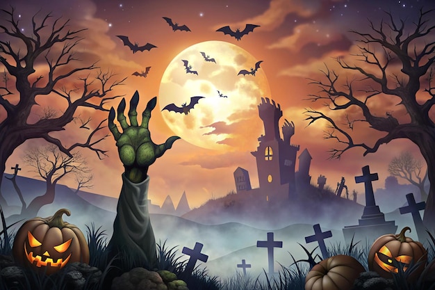 a scary graveyard with a hand reaching out to the moon and bats flying in the sky