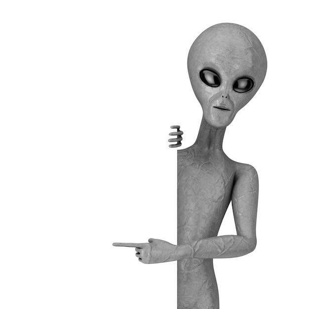 Photo scary gray humanoid alien with blank presentation or information board 3d rendering