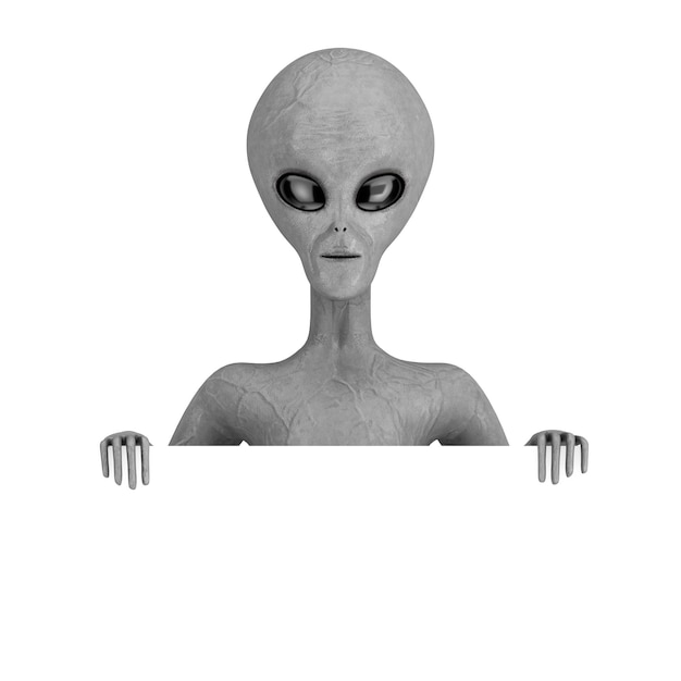 Scary Gray Humanoid Alien with Blank Presentation or Information Board 3d Rendering