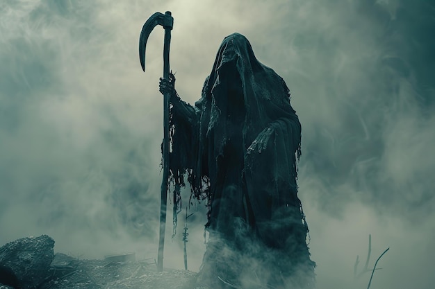 Scary grim reaper with scythe in hell on dark background with dramatic background