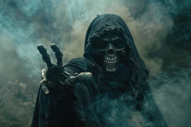 Scary grim reaper with scythe in hell on dark background with dramatic background