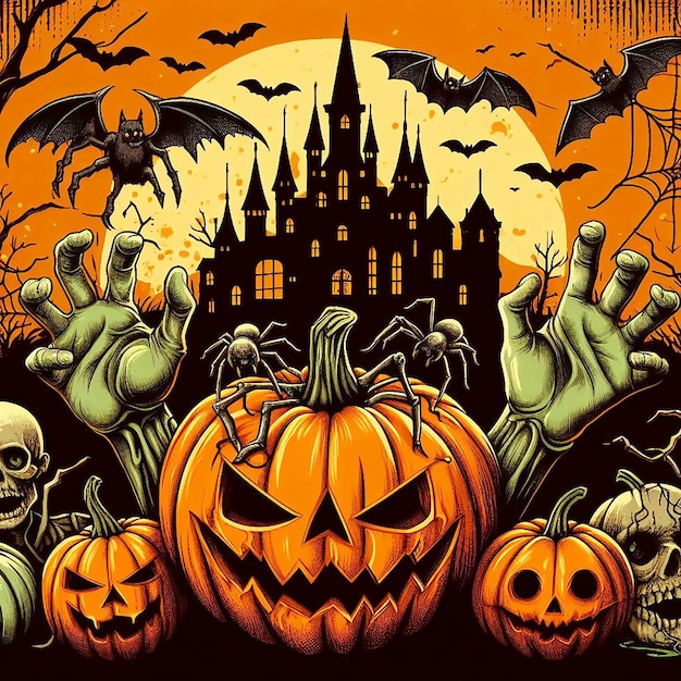 Scary Halloween background with pumpkins and moon