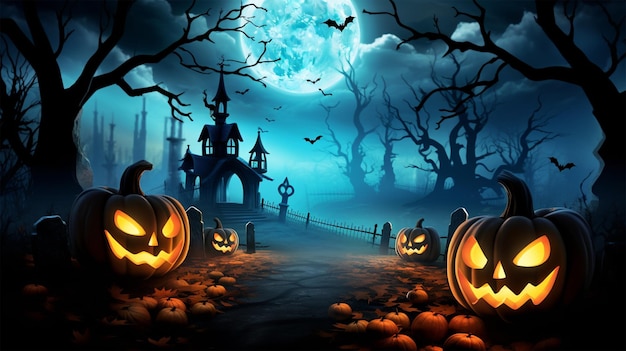 scary halloween background with pumpkins and moon