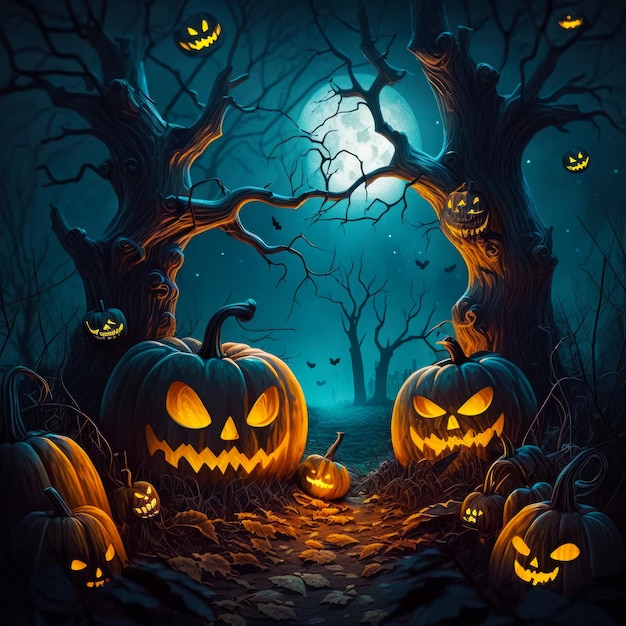 Scary halloween background with pumpkins and trees Generative AI