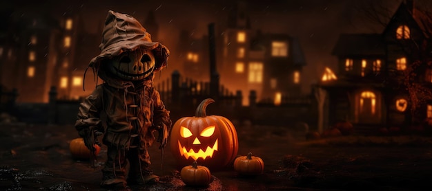 Scary Halloween background with scarecrow pumpkins and haunted house