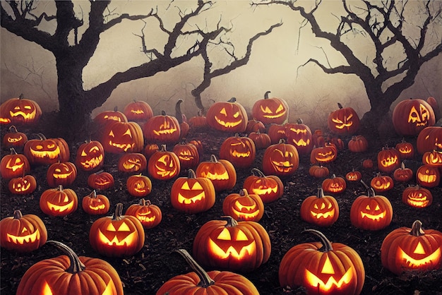 Scary halloween horror theme background with pumpkins and bats AI generative