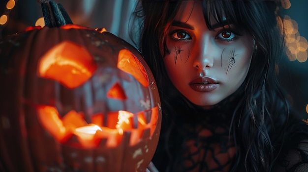 Scary Halloween Portrait of Young Woman with Jacko39Lantern in Spooky Dark Atmosphere