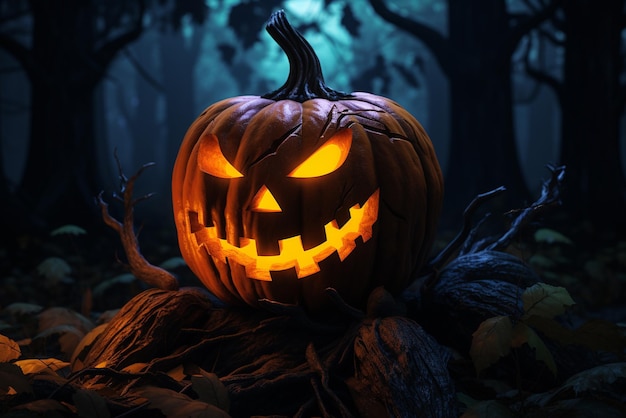 Scary halloween pumpkin in the dark forest