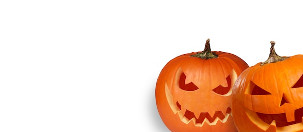 Scary Halloween pumpkin with eyes glowing inside on white background