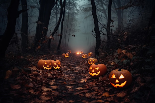 Scary halloween pumpkins in a dark forest Generative AI