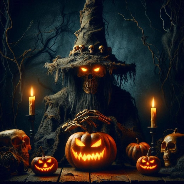 a scary halloween scene with pumpkins and candles