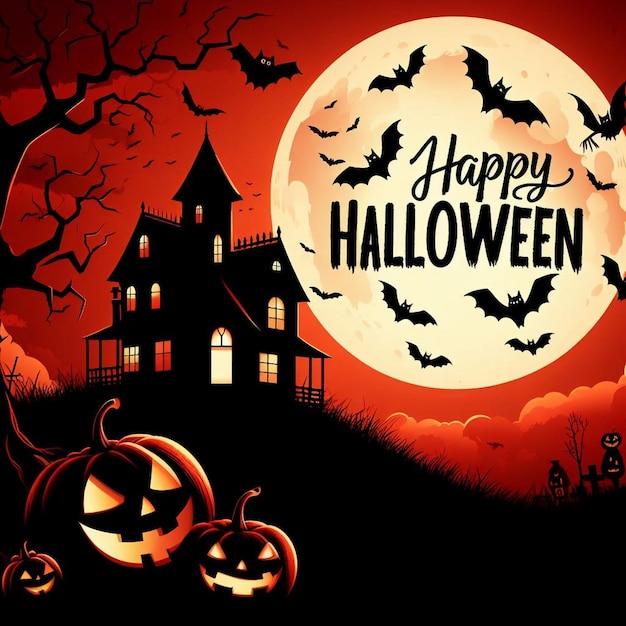 Scary Halloween vector illustration with a hunted house silhouette full moon and bats