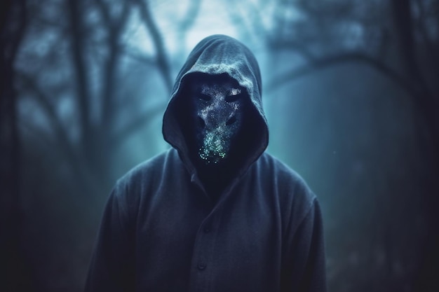 A scary hooded figure with glowing eyes in a spooky forest on a foggy winters day