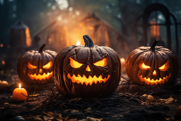 Scary horror background with Halloween pumpkins jack o lantern Generative AI