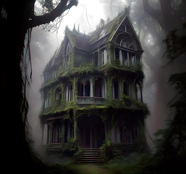 a scary house with a green roof and a tree in the background