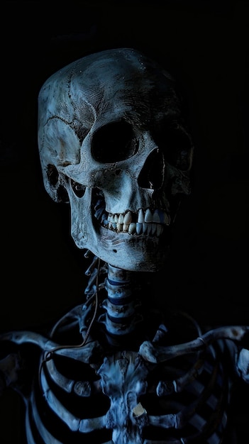 Photo scary human skull on black background halloween concept selective focus