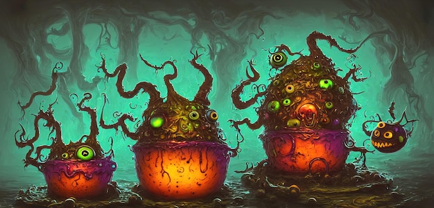 Scary little mud monsters from the sewers Toothy creatures made of mud with big eyes and sharp teeth Monsters under the rim of the toilet 3d illustration