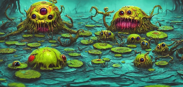 Scary little mud monsters from the sewers Toothy creatures made of mud with big eyes and sharp teeth Monsters under the rim of the toilet 3d illustration